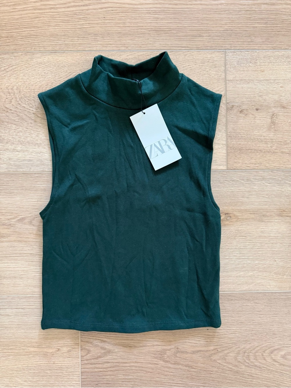 Zara Sleeveless Mock Neck Knit Top NWT Large Dark Forest Green